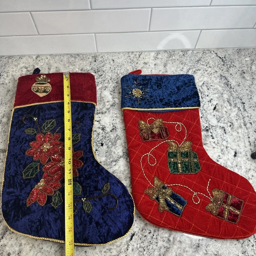 Christmas Stocking Blue/red Velvet With Sequined Design and Gold Beaded-‎ 2 VGT